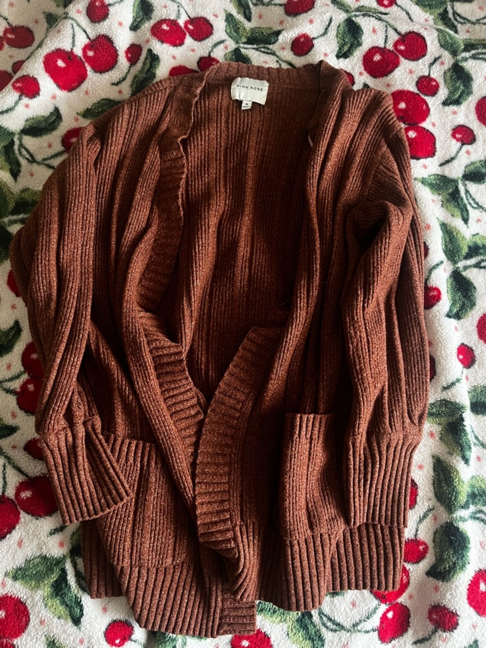 Pink Rose Ribbed Open-Front Cardigan in Deep Chestnut